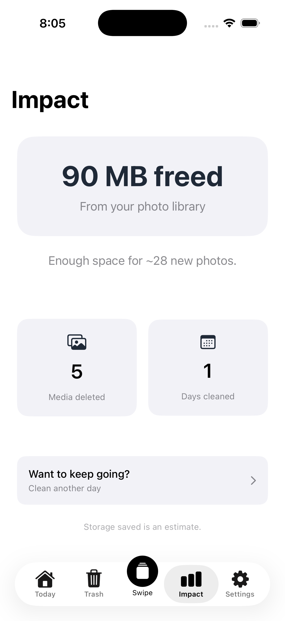 Impact view showing storage freed and photos reviewed