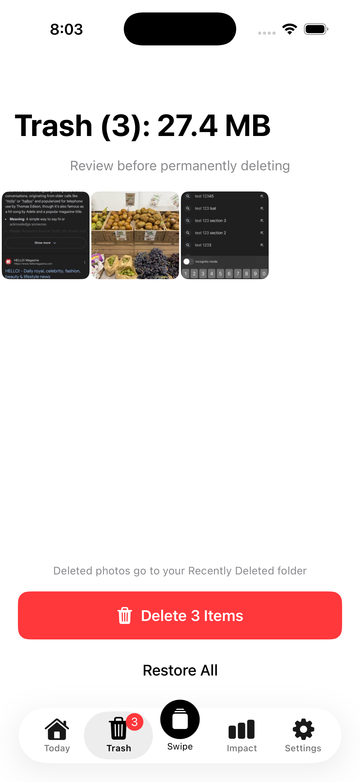 Trash tab showing photos queued for deletion